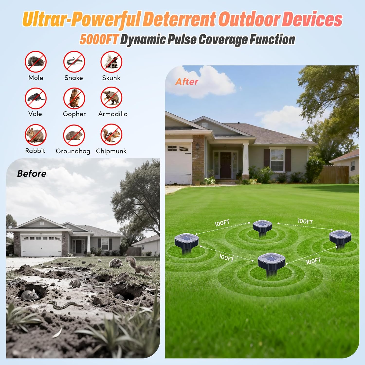 4 Pack Mole Repellent Solar Powered, Snake & Skunk & Vole & Gopher & Armadillo & Rabbit & Groundhog & Chipmunk & Raccoon Repellent for Yard, IP65 Waterproof Ultrasonic Deterrent for Lawns Garden