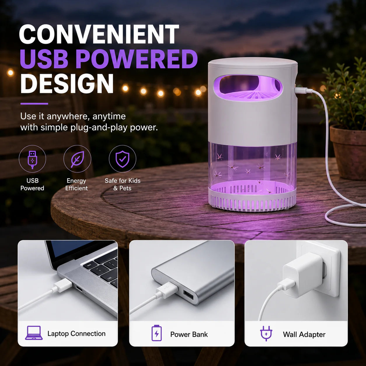 🔥New Generation 🦟Premium Silent USB UV Mosquito Killer Lamp Non-Toxic Safe For Pets Kids Bedroom Camping Outdoor Use